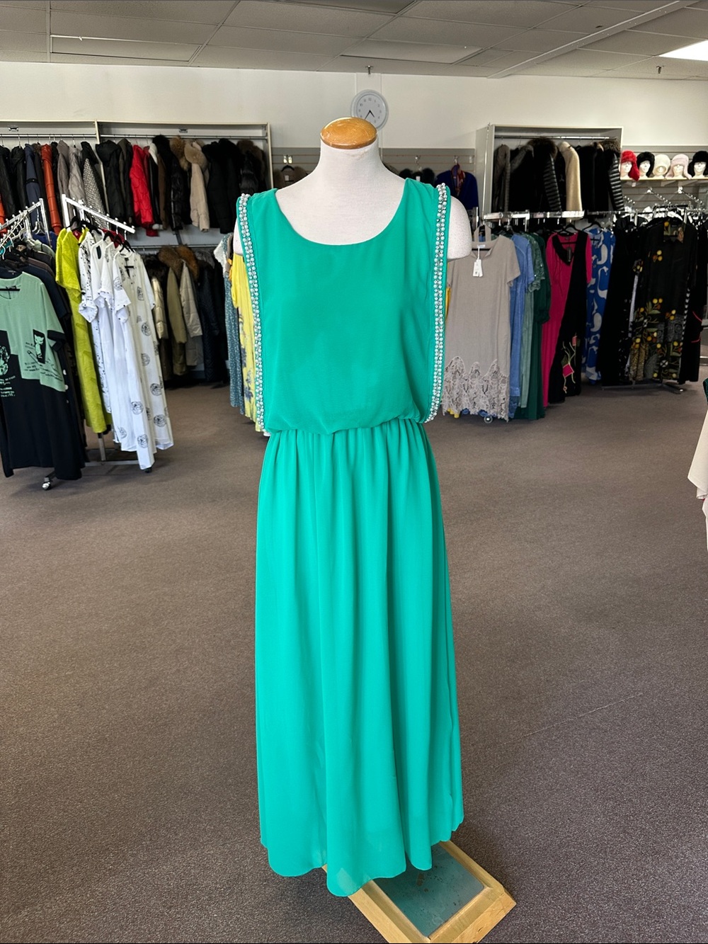 Sleeveless Beaded Emerald Green Maxi Dress, size S, M, L